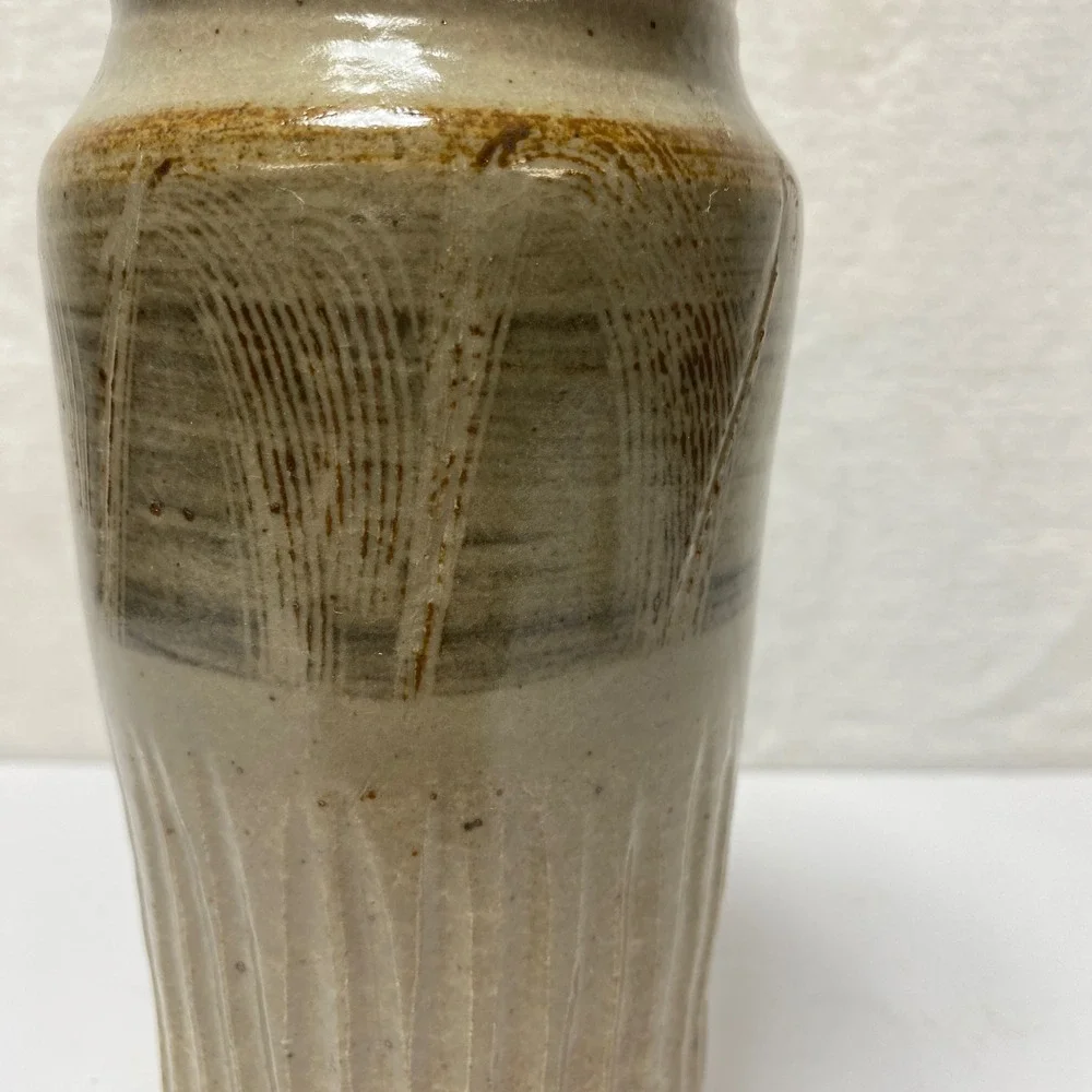 Stoneware Signed Vase Beige‎ Earthy Glaze Textured Vertical Lines Art Pottery